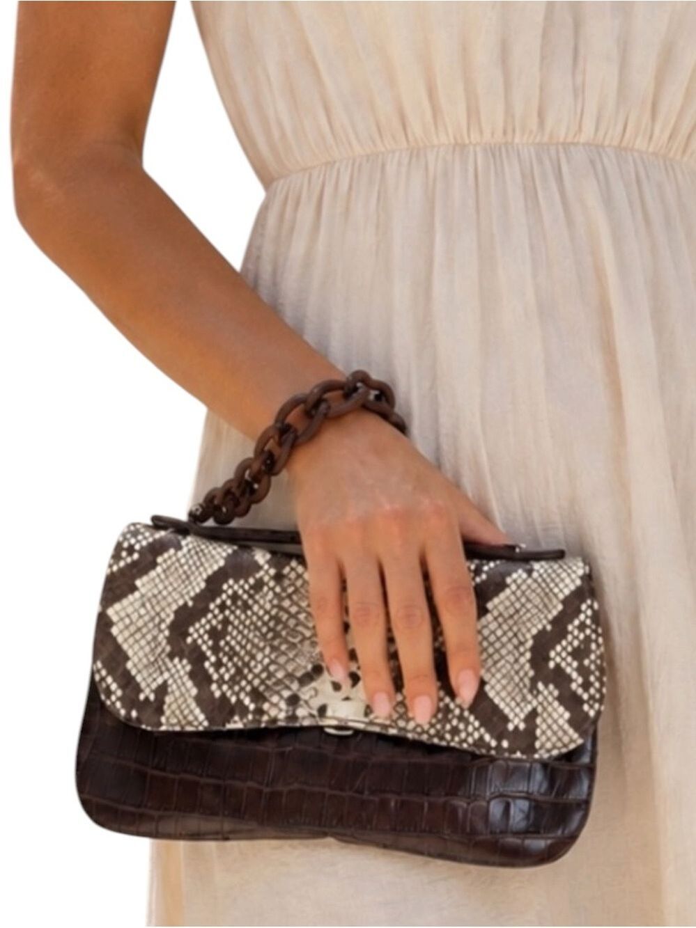 Henri Bendel Snakeskin and Croc Embossed Brown Leather Clutch Handbag